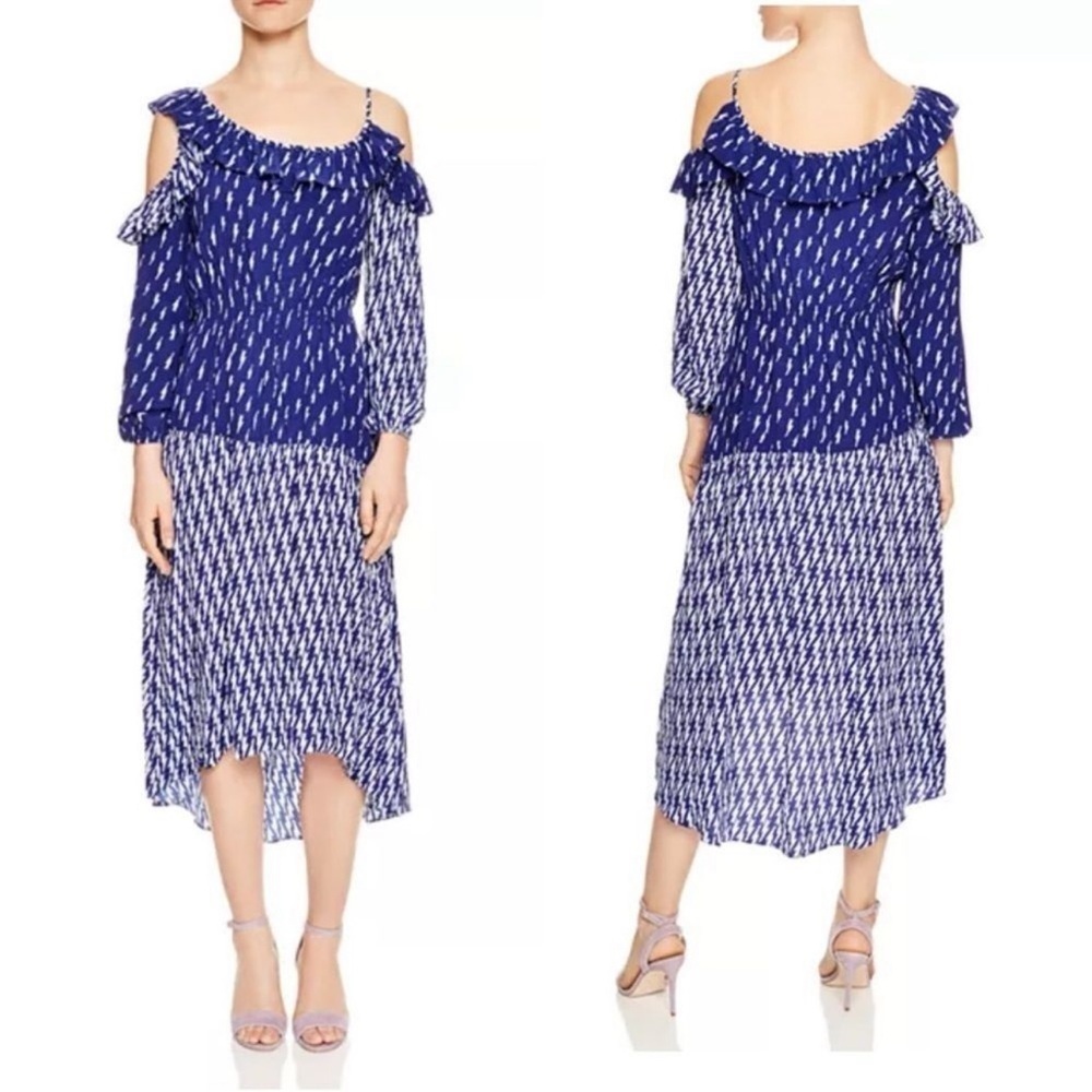 Sandro Lightning Bolt Bare Shoulder Crepe Midi Dress
Blue Kemila Size M - Picture 2 of 14